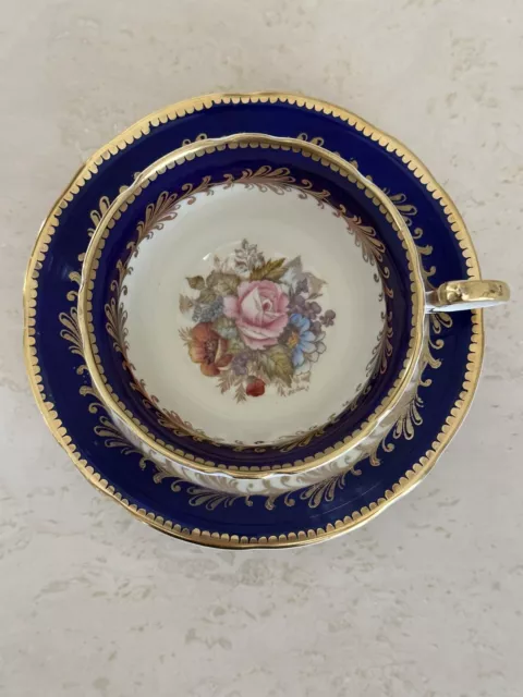 Aynsley Signed J. A. Bailey Cabbage Rose Cobalt Blue Teacup Saucer Set  C993