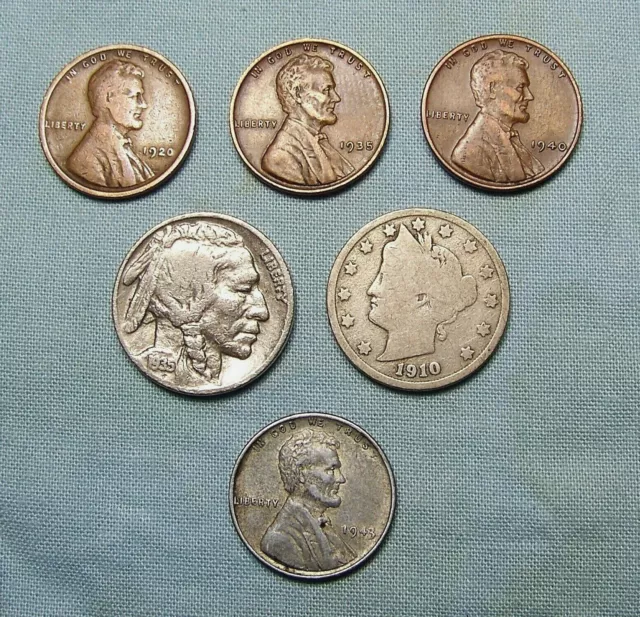 Lot of Old US Coins Buffalo, Liberty Nickel, Steel Cent with 3 WHEAT  LINCOLNS