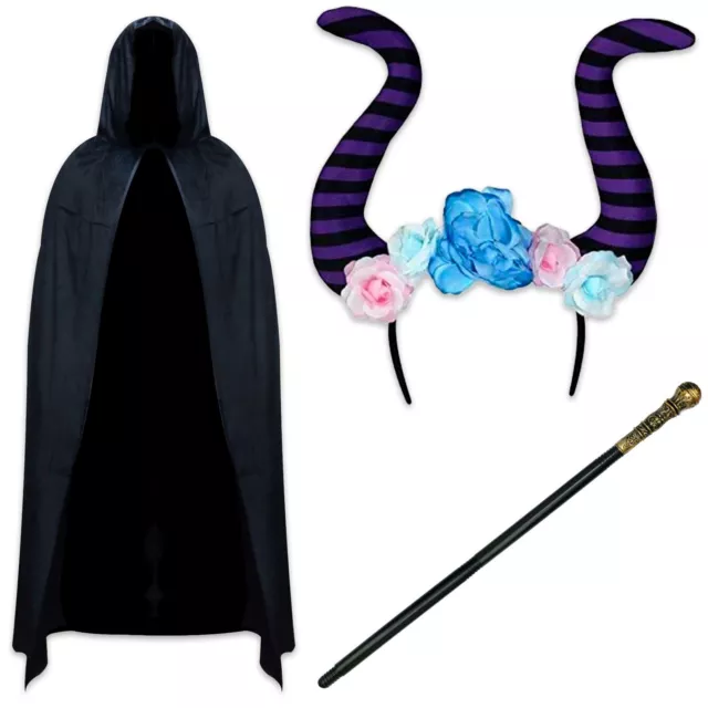 Floral Maleficent Witch Halloween Goth Girls Fancy Dress - Horns, Cape & Staff