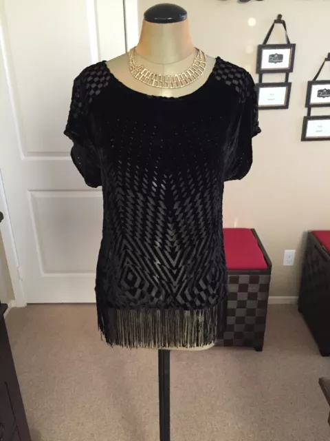 Ella Moss Black Sheer Velvet Fringe Top Size Medium.