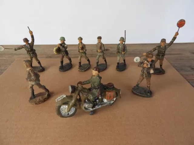 9x ELASTOLIN FIGUR WW2 WK2 Motorradfahrer Kradfahrer + Mannschaft Lineol Pfeifer