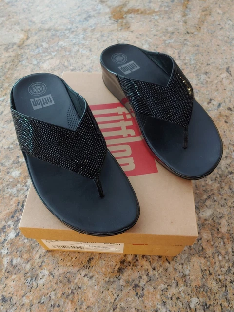 Fit Flop Crystall Leather Toe-Post Sandal, Black, Size 9, Never worn, With Box