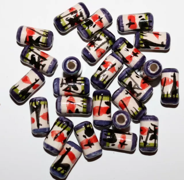 25 Keramik Perlen, 14 mm, Walze Zylinder lila rot, Inka Lama Motiv,Schmuck Perle