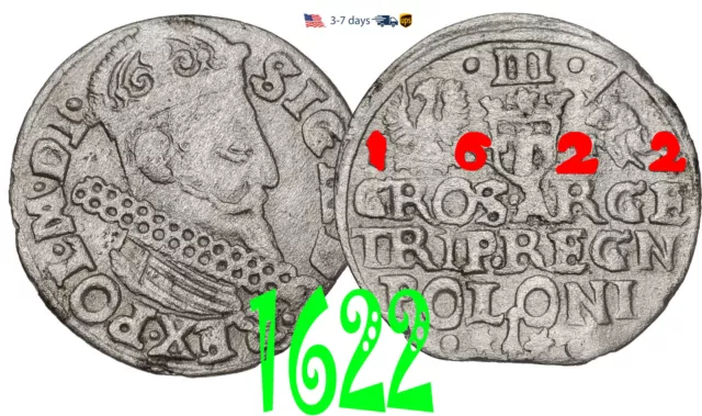 Poland Medieval Sigismund III, 3 Grosze Groschen - Trojak 1622 Silver Coin#31638