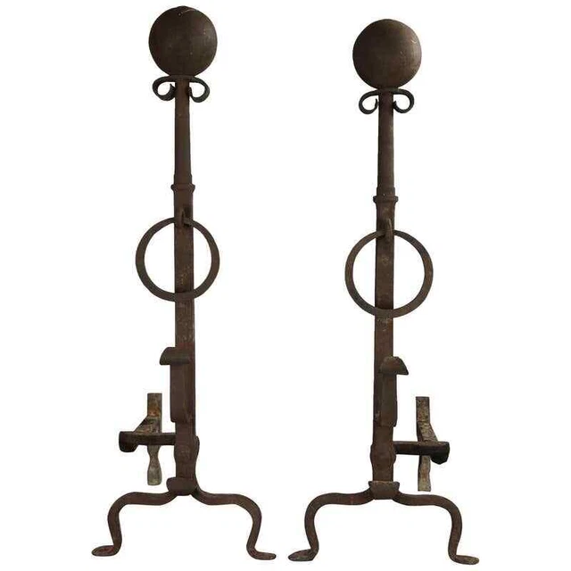 Pair of Oversized Arts & Crafts Wrought Iron Arts & Crafts Andirons 19th Century
