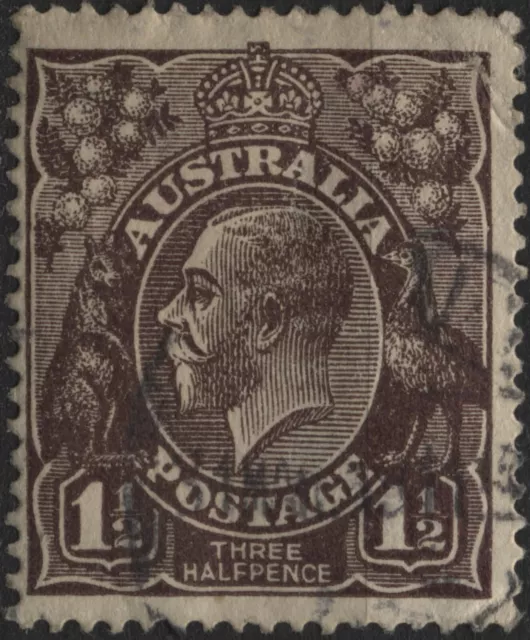 Australia 1914 #24 1&1/2p chocolate (’18)(wmk 9) KGV, kangaroo, emu used