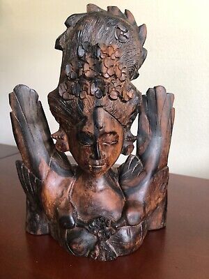Vintage Tiger Wood Hand Carved Indonesian Balinese Lady Bust Statue with Birds