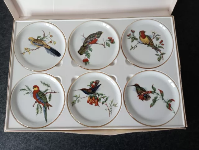 (276) Furstenberg Porcelain 6 Coasters Pin Trinket Dishes Parrots Hummingbirds