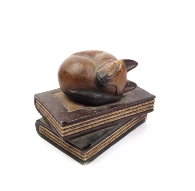 Vintage Hand Carved Wood Cat Sleeping On Books Figurine Siamese Kitty Folk Art