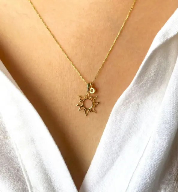 Sun Necklace 14k Solid Gold Handmade with Zircon Stone