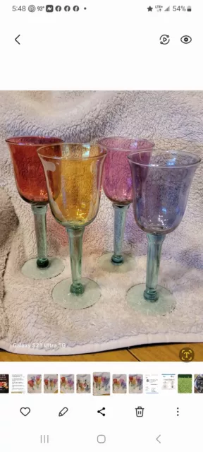 Vtg Unbranded Tulip Glasses Iridescent Multi Color Goblets Green Stems Wine Tea