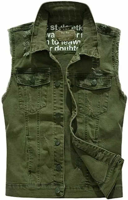 Mens Punk Denim Ripped Vest Jacket Sleeveless Buttons Distressed Waistcoat Biker