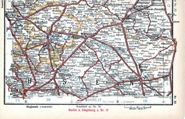 Dessau Zerbst Bitterfeld Torgau 1922 orig. Eisenbahn-Teilkarte Jüterbog Roßlau