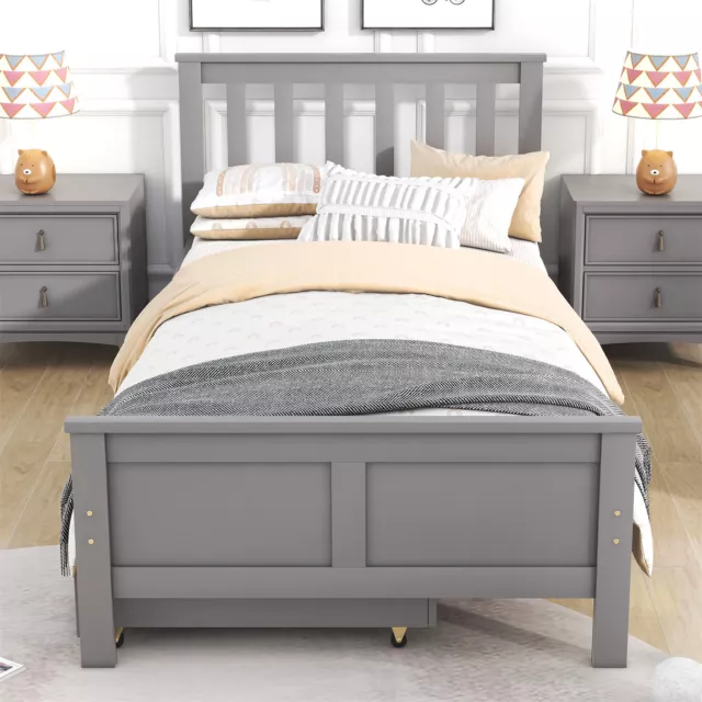 2 Drawers 3ft Single Wooden Solid Gray Pine Kids Storage Bed Frame 190x90 Grey 2