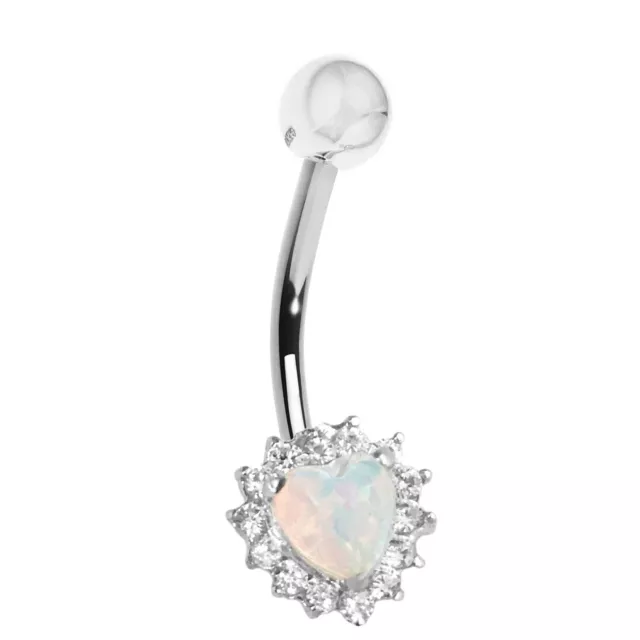 14k Gold Heart Created Opal Belly Navel Ring Cubic Zirconia