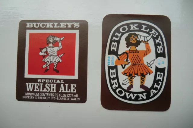 Neuwertiges Paar Buckley's Llanelli Braun Ale & Welsh Ale Brauerei Bierflaschenetiketten