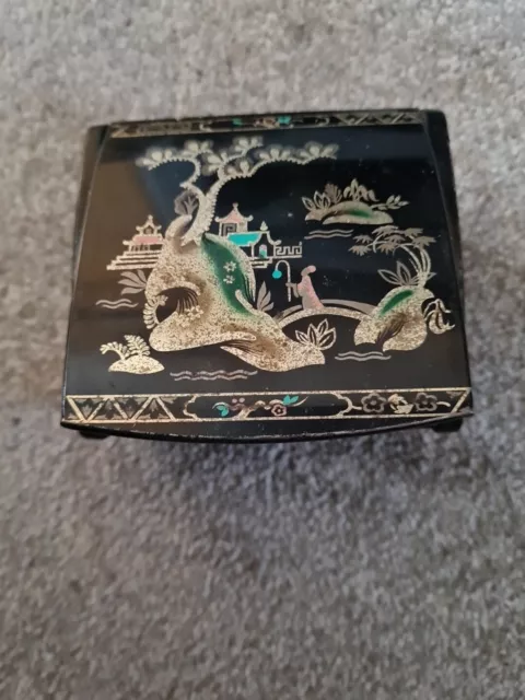 A Vintage Chinese Black Cigarette Box Lacquered and Painted