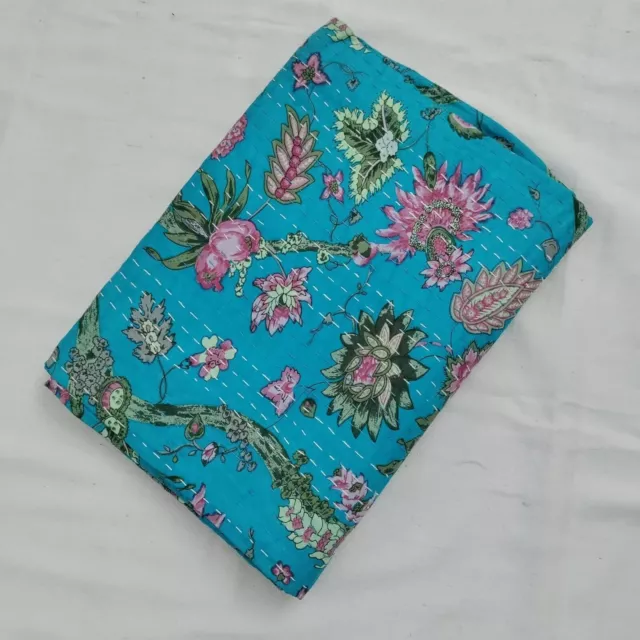 Estampado de Flores Algodón Puro Turquesa Kantha Colcha Bohemio Colcha Queen