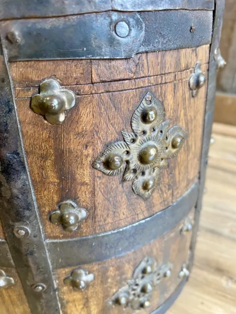 Antique 19c Hand Crafted Wooden Brass Work Grain Measurement Pot Payali Pot