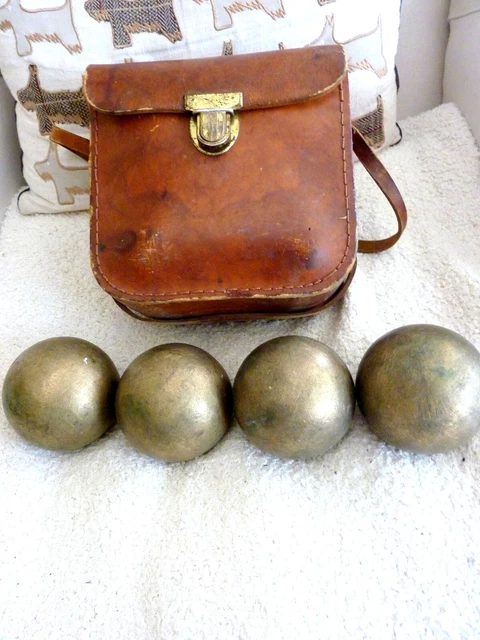 2 Anciennes Boules Lyonnaises JB avec support cuir Lanière, Jeu Pétanque - C67 - Sport & Plein air