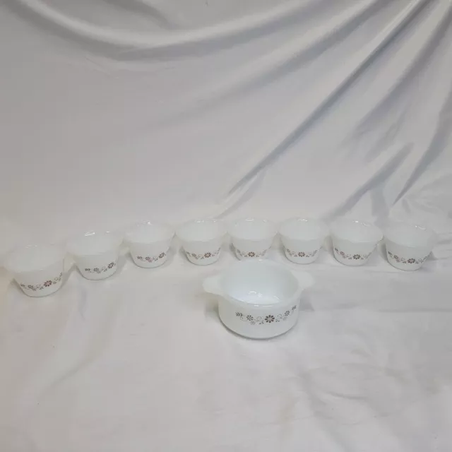 Vtg Dynaware Pyr-O-Rey White Milk Glass (8) Custard Cups & (1) Crock