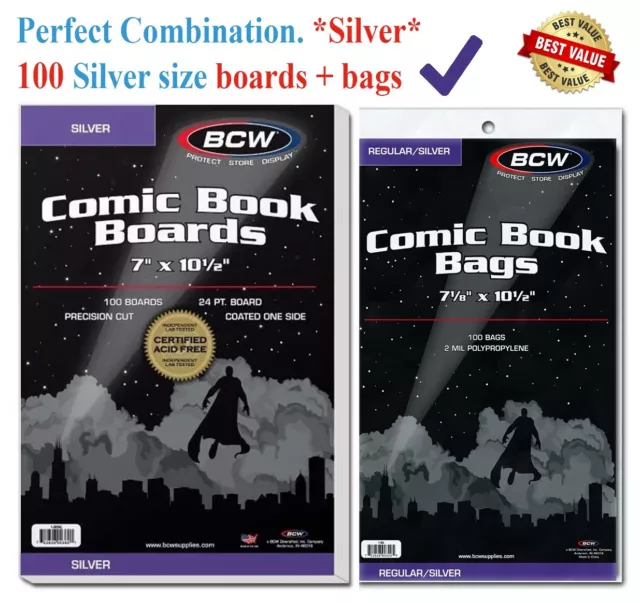 100 BCW Silver Era Comic Book Bags Sleeves + Acid Free Back Boards 7 x 10 1/2"