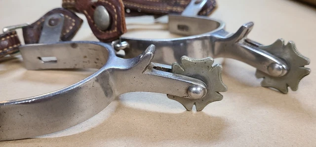 Vintage Crockett Stainless Steel Cowboy Spurs & Straps Rare Cloverleaf Rowels 2
