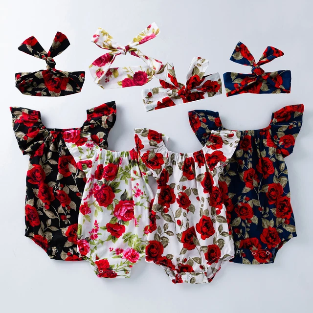 Newborn Baby Rose Print Flutter Romper Girls Summer Jumpsuit Outfit Photo Shoots