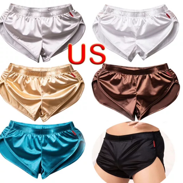 US Men's Silk Satin Boxer Shorts Underwear Side Split Swimwear Shorts Sexy