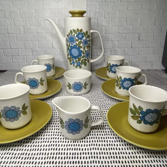J&G Meakin Studio Vintage 1960s Topic Coffee Pot Set Cups Saucers Blue Floral