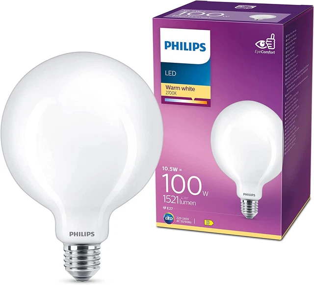 PHILIPS AMPOULE LED Globe 120Mm E27 100W Blanc Chaud Dépolie, Verre EUR