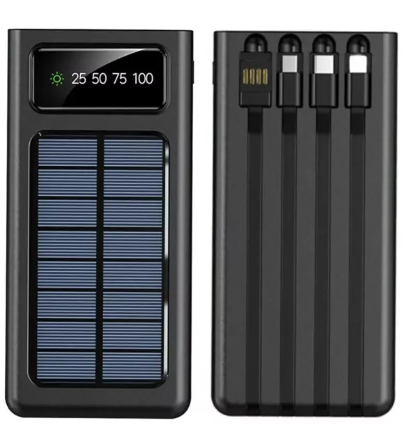 CARICABATTERIE PORTATILE POWER BANK PANNELLO SOLARE 20000mAh CAVI INTEGRATI