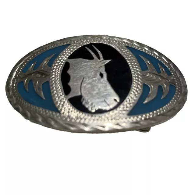 Vintage Handcrafted Silver and Turquoise Inlay WESTERN BELT BUCKLE Goat Motif