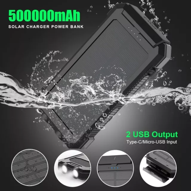 500000mAh Portable Power Bank Solar Charger Waterproof For Cell Phone Universal 3