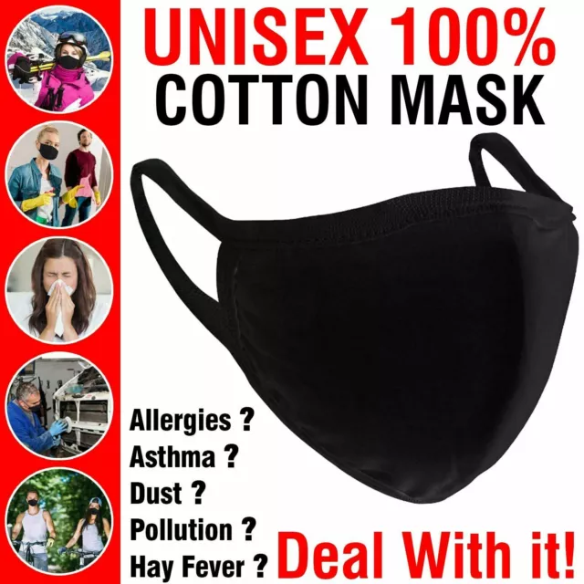 Cotton Face Mask Protective Covering Mouth Masks Washable Reusable Black UK