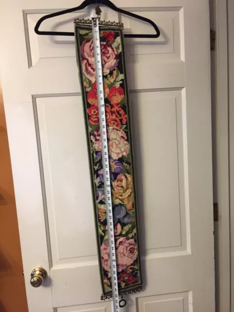 Vintage Floral Tapestry Bell Pull Brass Ends With Hanger Hook 43" x 7" 3