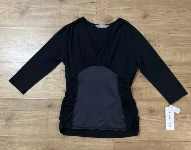 Luna Luz Silk Cotton Pullover Stretch Shirt Ruched Womens M Black 3/4 Sleeve NEW