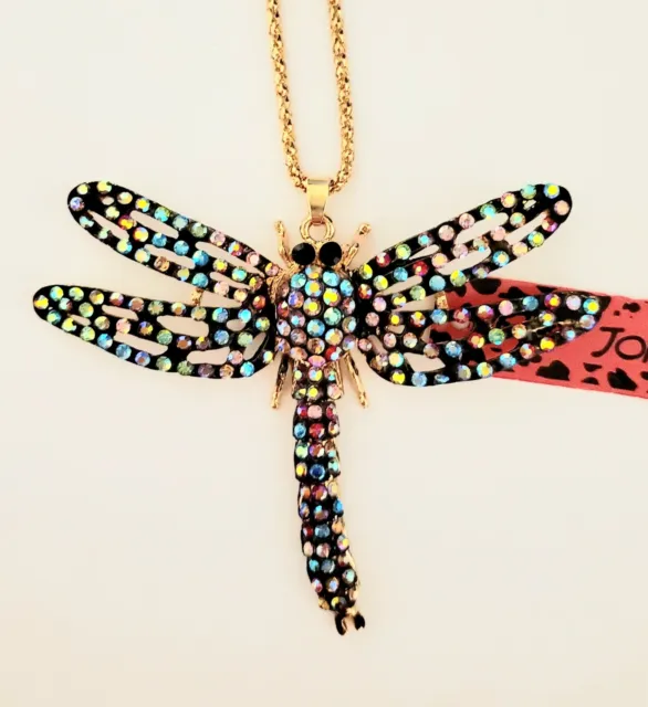 New Betsey Johnson Colorful Enamel Cute Dragonfly Crystal Pendant Chain Necklace