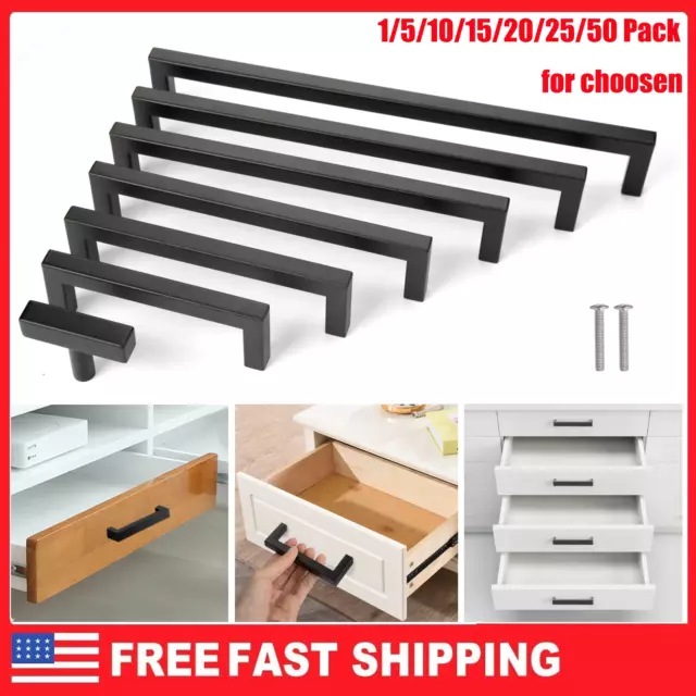 Matte Black Square Modern Cabinet Handles Pulls Kitchen Drawer Stainless Steel