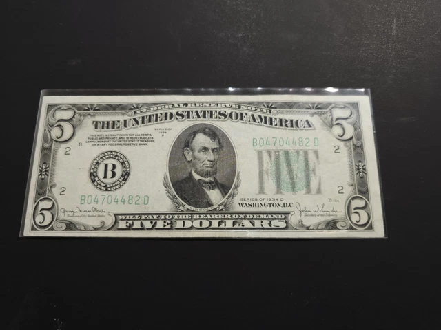 1934 D $5 FRN B-New York,Green Seal,Choice Crisp VF,Nice!