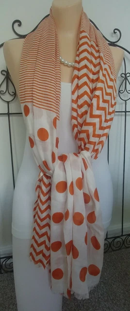 OVERSIZED Scarf Wrap Shawl Lightweight Chevron Dots Stripes Burnt Orange Cream