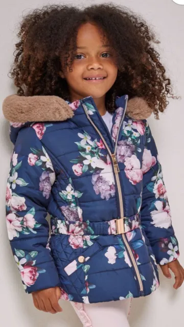 Lipsy Girls Navy Blue Floral Mini Belted Padded Coat (BNWT) Age 3