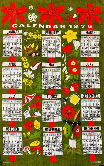 Vintage 1976 Tea Towel Cotton Ulster Irish Linen Calendar Prop