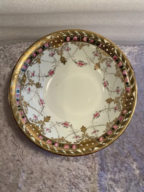 Antique Hand-Painted Nippon Moriage Gold Gilt Porcelain 10" Bowl.