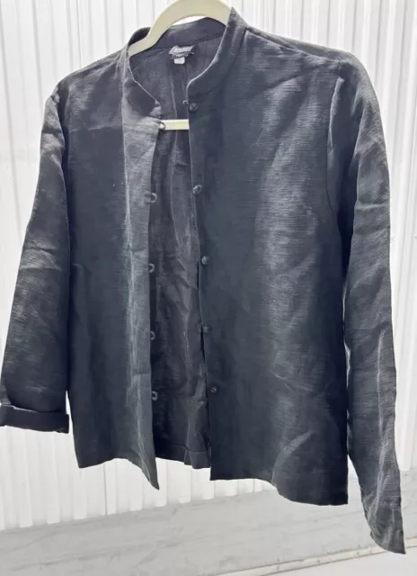 Eileen Fisher Size S Mandarin Collar Black Linen Silk Shirt Jacket H