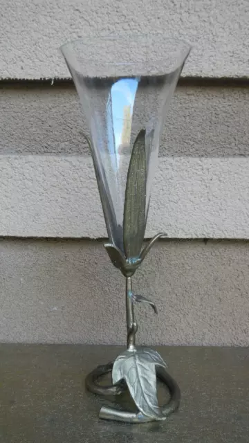 Mid Century 13.5” Tall Tulip Trumpet Glass Vase in Solid Brass Holder