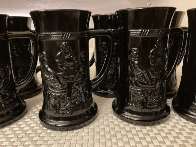 Tiara/Indiana Vintage Black Glass Beer Mugs/Steins with Tavern Drinking Scenes