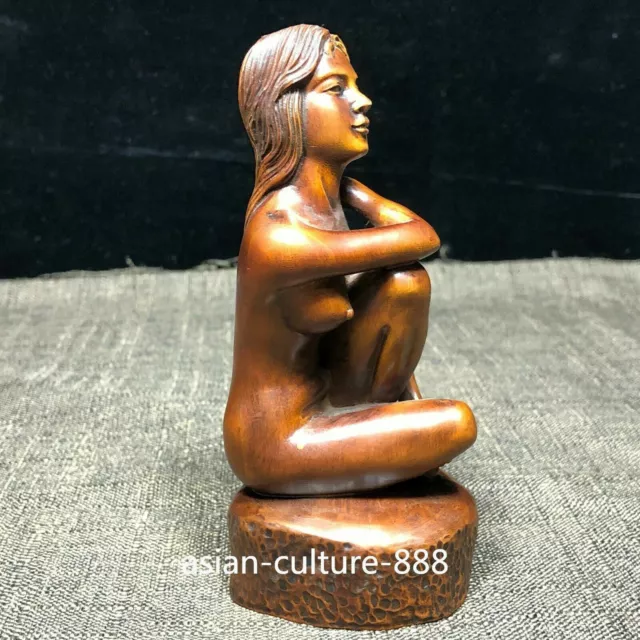 Chinese Old Boxwood Carved Collectible Naked Belle Solid Wood Ornament Statue