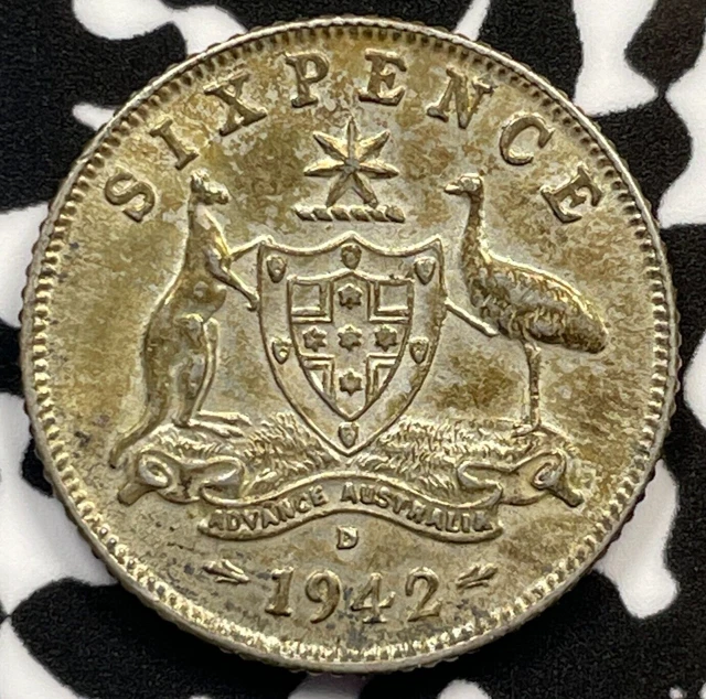 1942-D Australia 6 Pence Sixpence Lot#M3324 Silver! High Grade! Beautiful!
