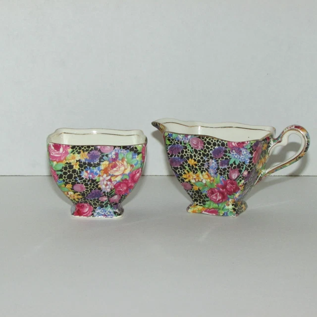ROYAL WINTON GRIMWADES HAZEL Antique CREAMER & SUGAR BOWL BLACK CHINTZ Square